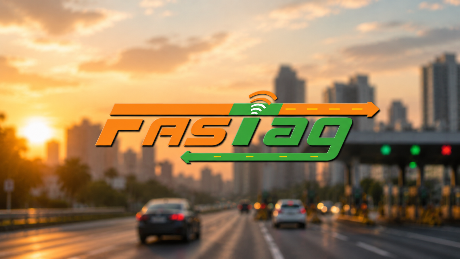 Car windshield with a FASTag sticker at a toll booth